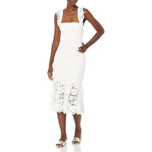 $298 LIKELY Lace Hara White Dress Mermaid Fit Flare Midi Ruffle Straps 6